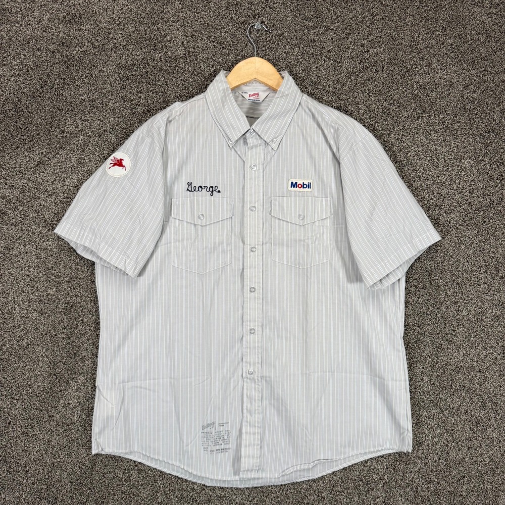 Vintage Unitog‎ Shirt Mens 17-17.5(XL) Gray Striped Mobil Pegasus Union Made USA